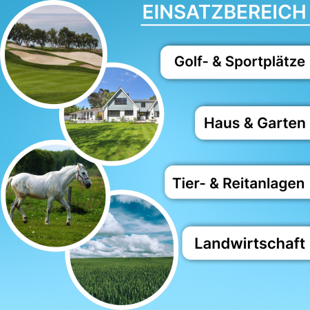 Grafik mit den wichtigsten Einsatzbereichen von PP-Klemmkupplungen: Golf- und Sportplätze, Haus- und Gartenanlagen, Tier- und Reitanlagen sowie Anwendungen in der Landwirtschaft. Die genannten Bereiche sind als übersichtliche Textpunkte dargestellt und we